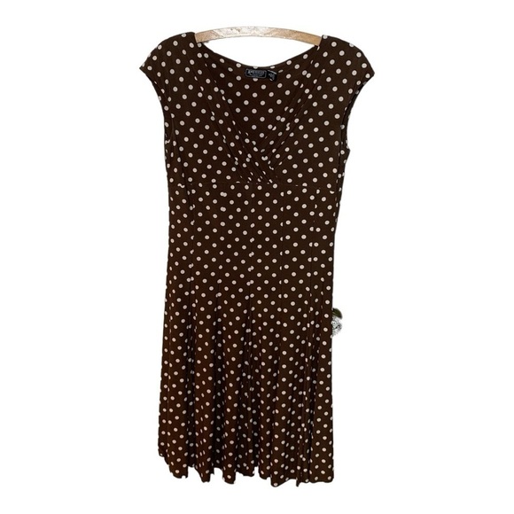 American Living Brown and Blush Pink Polka Dot Empire Waist Midi Dress - Size 12 - Picture 1 of 10